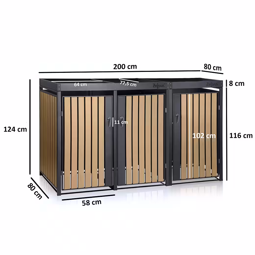 Bin storage unit with green roof for 3 bins, 120 - 240 liters, RAL 7016, door with wood look - Image 3
