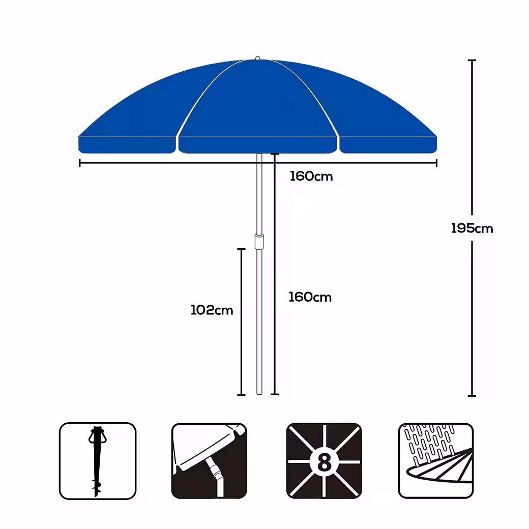 Parasol Ø 160 cm Round Beach Umbrella Balcony Umbrella with Carrying Bag and Ground Sleeve - Image 3
