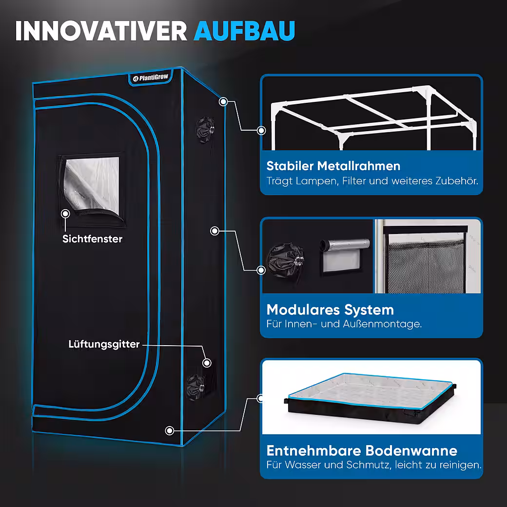 PlantiGrow Growbox Complete Greenhouse Set – Indoor Greenhouse with 150W full spectrum LED lamp (dimmable), 1680D, carbon filter, inline duct fan, exhaust hose, grow tent, propagation tent - Image 4