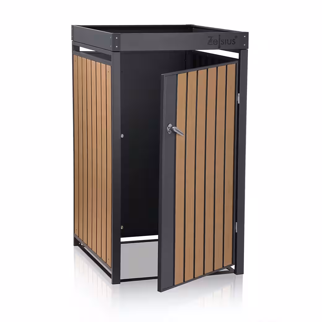 Bin storage unit with green roof for 3 bins, 120 - 240 liters, RAL 7016, door with wood look - Image 4