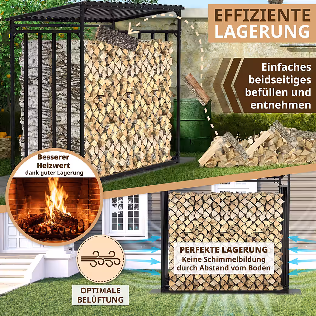 Metal firewood rack, 1m deep, for outdoor use, with roof, XXL size with weather protection, 30x30mm - Image 4