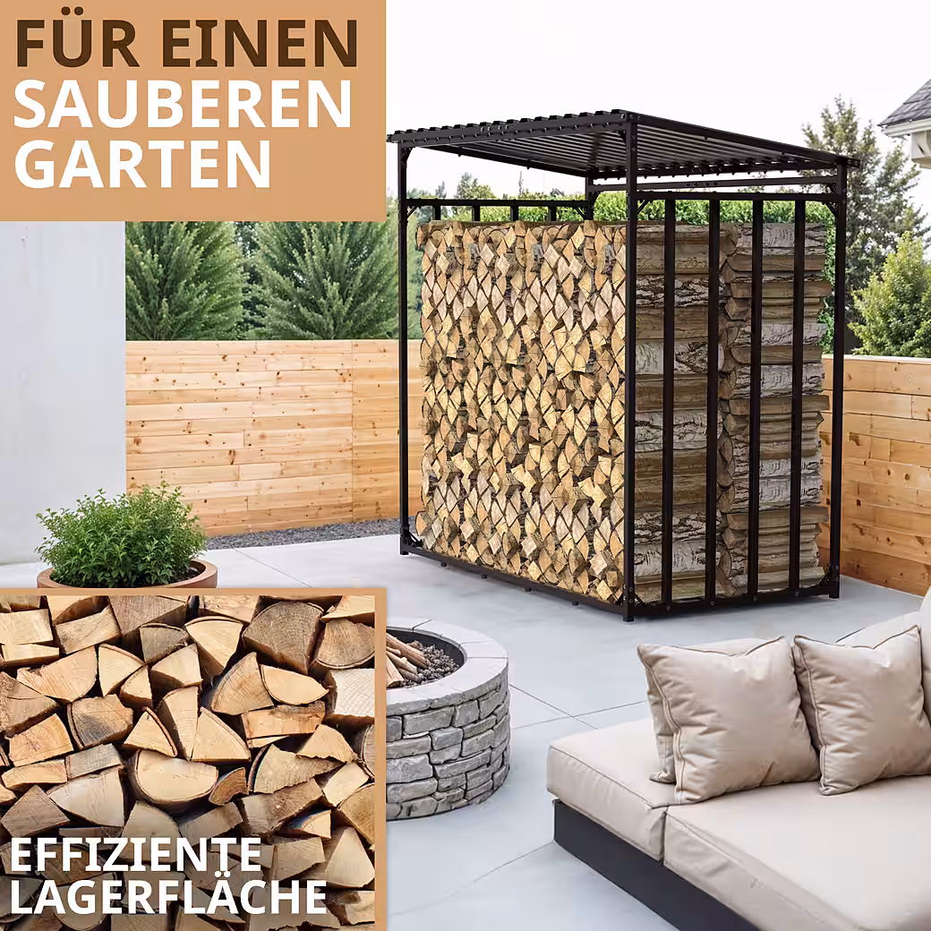 Metal firewood rack, 1m deep, for outdoor use, with roof, XXL size with weather protection, 30x30mm - Image 5