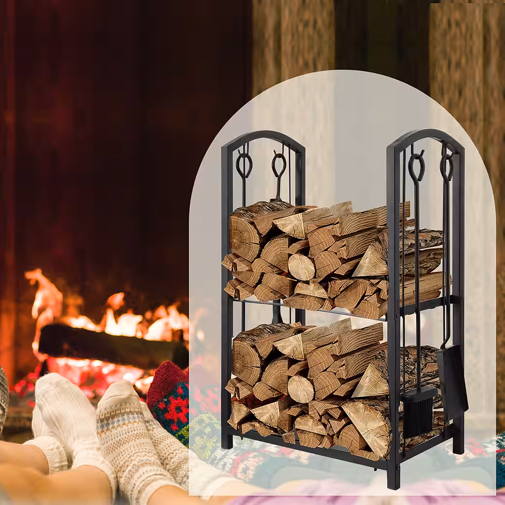 Firewood rack, firewood storage, 6-piece fireplace set, fireplace tools, fireplace gloves, fireplace accessories - Image 5