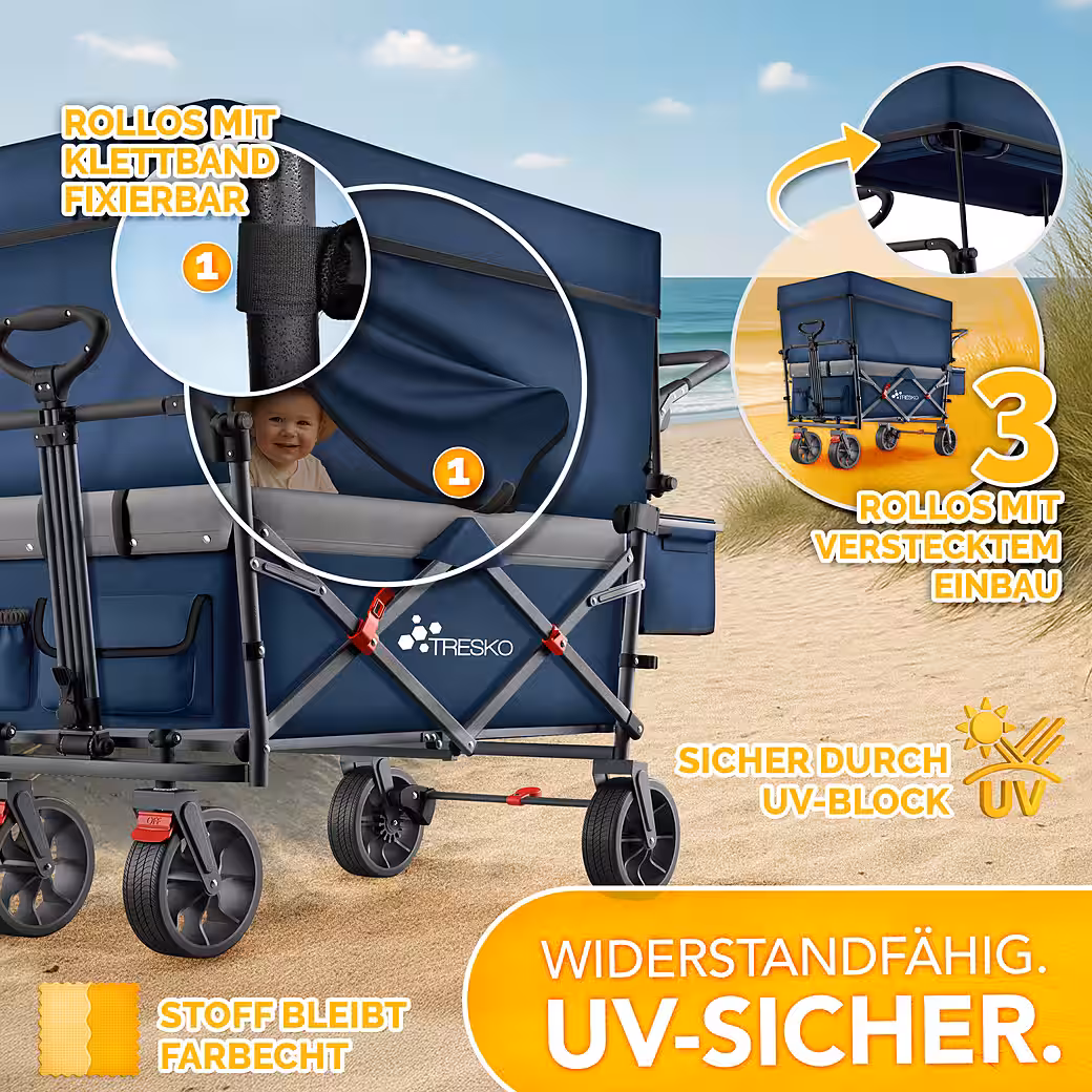 TRESKO Folding Wagon Handcart (Parking brakes (front & rear) and 3-point seat belt, max. load capacity up to 150kg, transport trolley with solid rubber tires), foldable with roof, cooling compartment & side blinds, handcart - Image 6