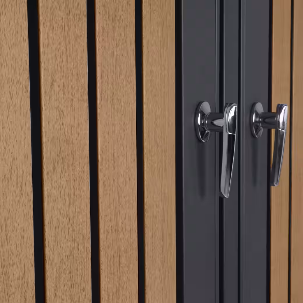 Bin storage unit with green roof for 3 bins, 120 - 240 liters, RAL 7016, door with wood look - Image 6