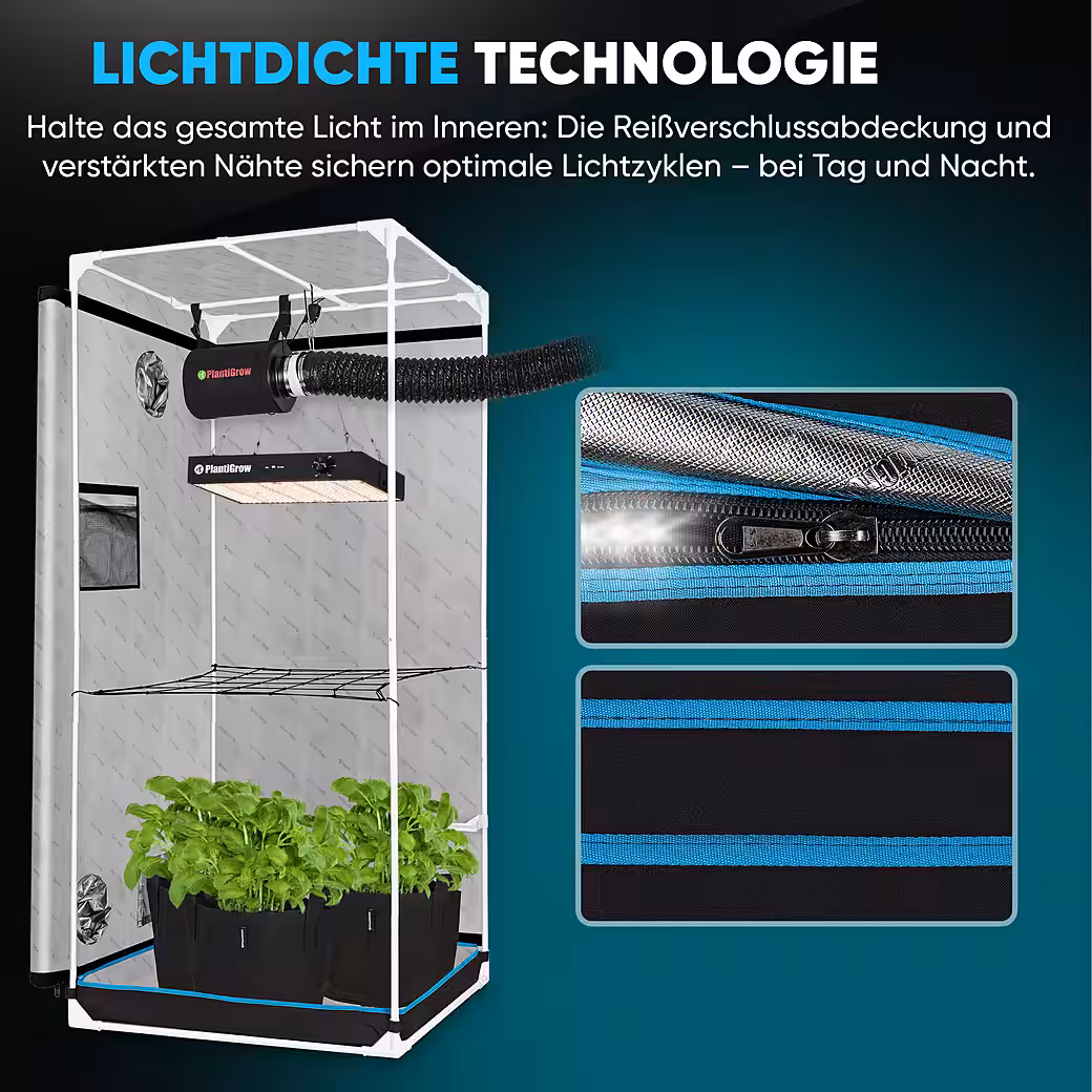 PlantiGrow Growbox Complete Greenhouse Set – Indoor Greenhouse with 150W full spectrum LED lamp (dimmable), 1680D, carbon filter, inline duct fan, exhaust hose, grow tent, propagation tent - Image 7