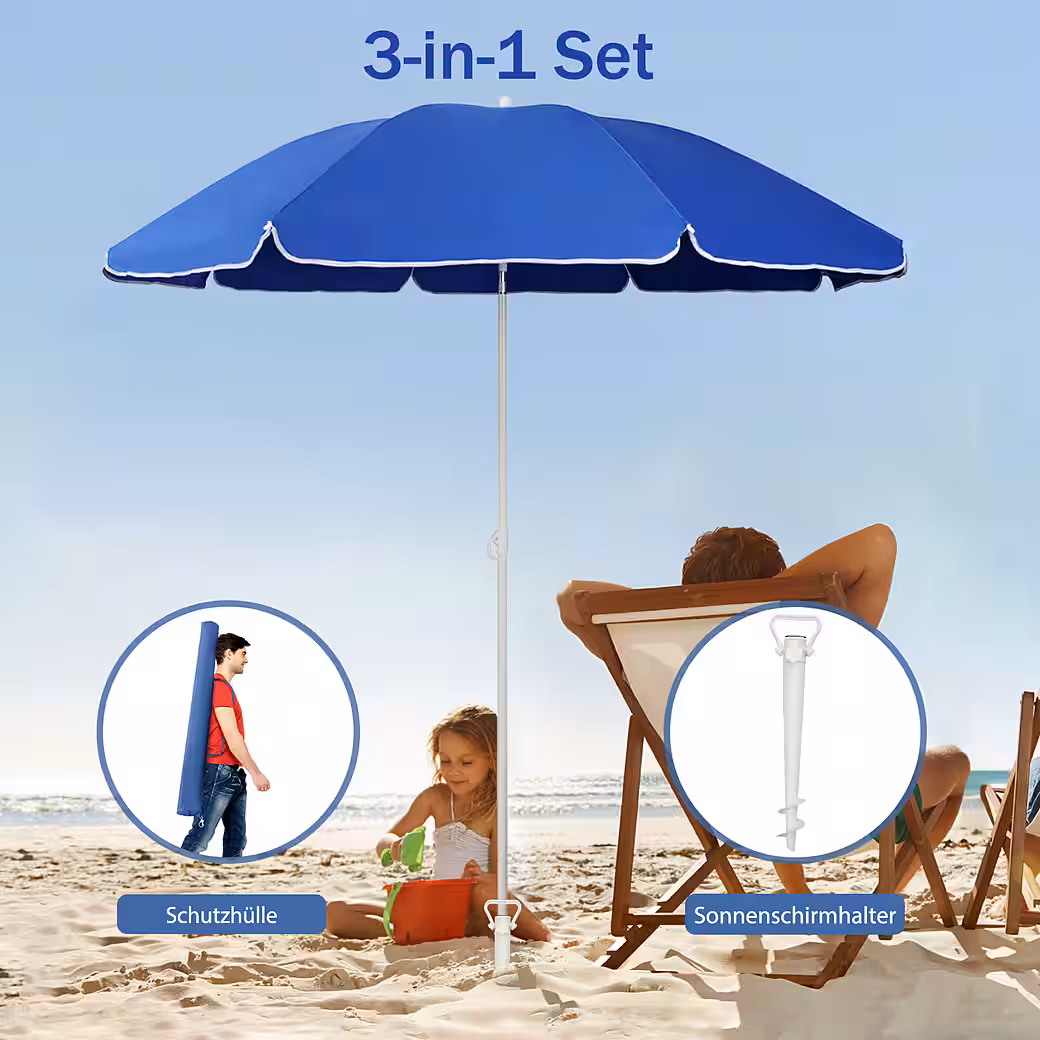 Parasol Ø 160 cm Round Beach Umbrella Balcony Umbrella with Carrying Bag and Ground Sleeve - Image 7