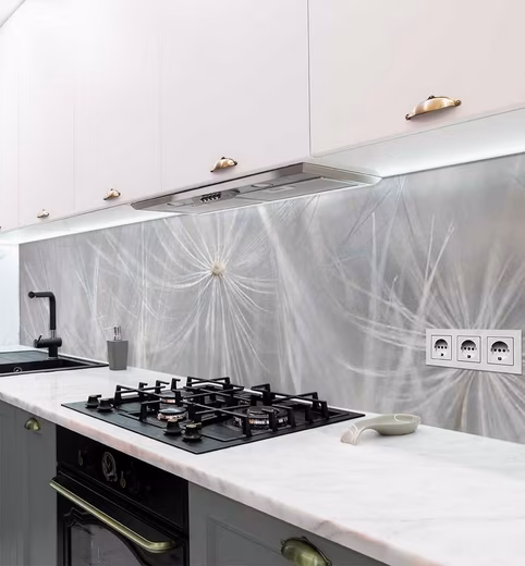 Kitchen backsplash, self-adhesive kitchen backsplash, light dandelion design, splash guard film (Adhesive film cut to size and rolled up, 60 cm wide x 60 cm high), Light dandelions, 60 cm wide x 60 cm high