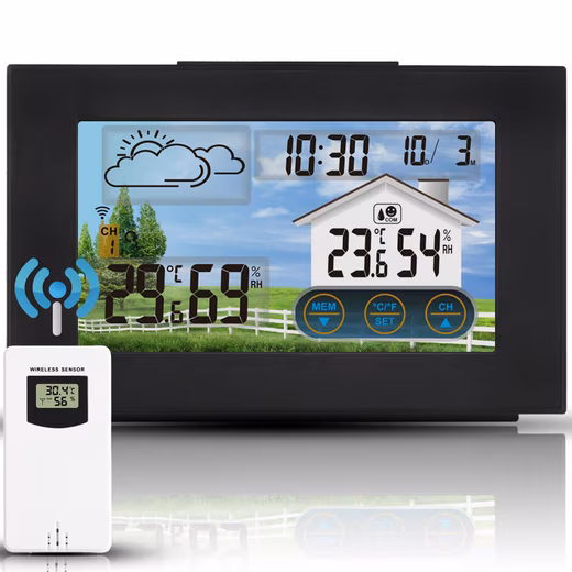 Weather station, wireless weather station with outdoor sensor Wireless weather station with outdoor sensor (with weather forecast, indoor and outdoor temperature/humidity, color display, alarm clock with snooze function, for home, office, garden)