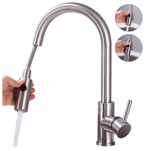 Kitchen sink faucet with 2 spray patterns, pull-out kitchen tap High-pressure kitchen faucet, 360° swivel, stainless steel, brushed finish