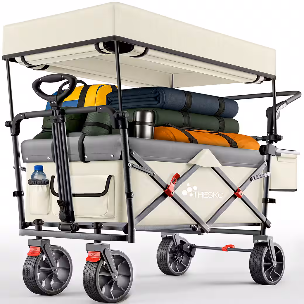 TRESKO Folding Wagon Handcart (Parking brakes (front & rear) and 3-point seat belt, max. load capacity up to 150kg, transport trolley with solid rubber tires), foldable with roof, cooling compartment & side blinds, handcart - Image 7