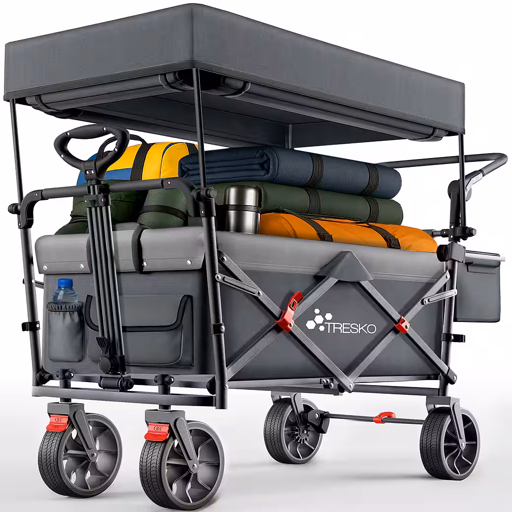 TRESKO Folding Wagon Handcart (Parking brakes (front & rear) and 3-point seat belt, max. load capacity up to 150kg, transport trolley with solid rubber tires), foldable with roof, cooling compartment & side blinds, handcart - Image 8