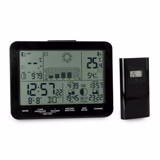 Climate meter wireless weather station with time, date & temperature with alarm and snooze function, sunrise and sunset times, outdoor sensor