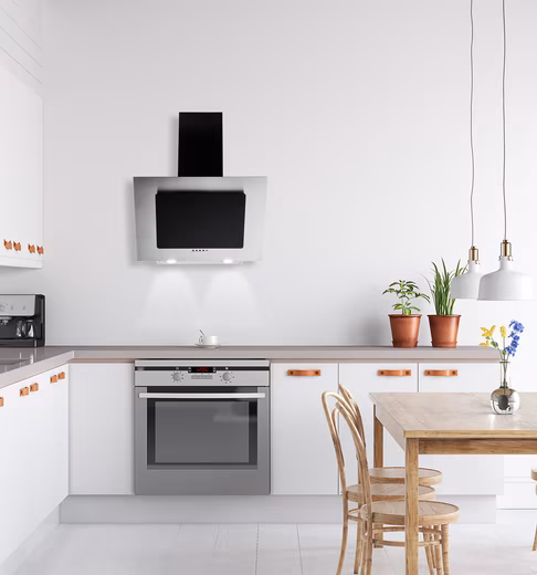 Wall-mounted extractor hood, silver/black, 60cm, glass canopy, angled, ducted exhaust Stainless steel & glass front