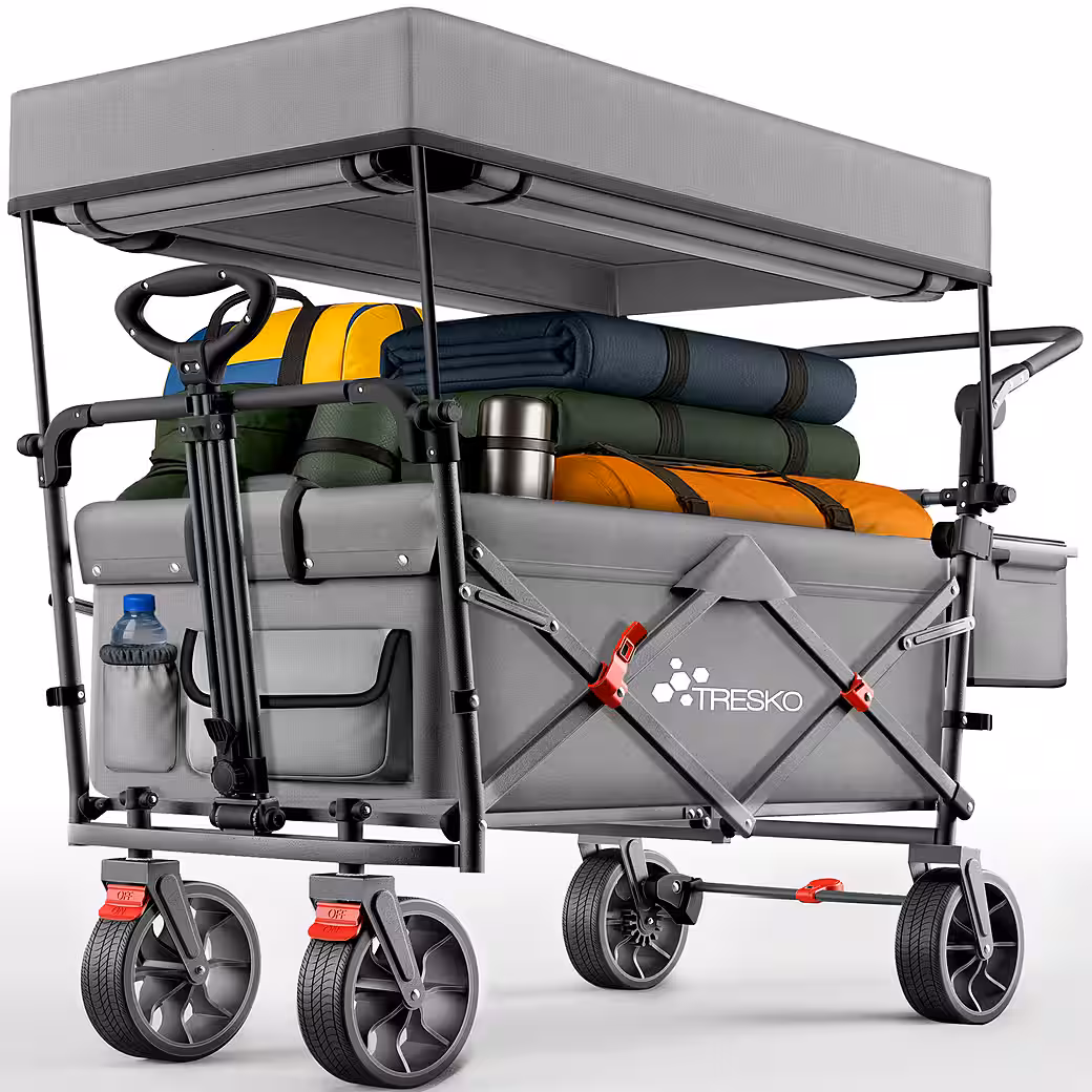 TRESKO Folding Wagon Handcart (Parking brakes (front & rear) and 3-point seat belt, max. load capacity up to 150kg, transport trolley with solid rubber tires), foldable with roof, cooling compartment & side blinds, handcart - Image 9
