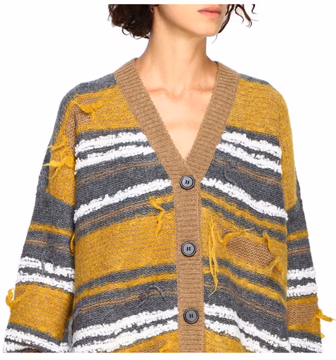 Oversized Distressed Maternity Cardigan, V-Neck, Unisex Drop-shoulder, ribbed cuffs, distressed details