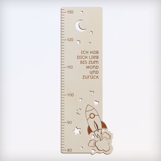 Wooden height chart for children, "I love you to the moon and back..." for young girls Scale from 80-130 cm, incl. stainless steel wall mounting set