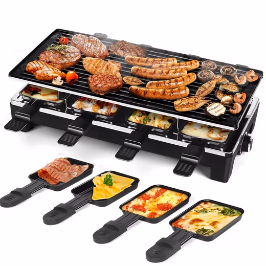 Tabletop electric grill, barbecue electric grill, smokeless grill 40 x 20cm grilling surface, adjustable thermostat, with 8 small baking trays