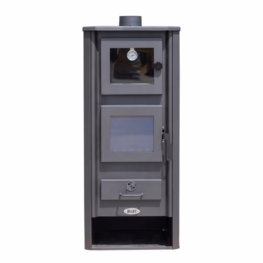 Wood-burning stove with oven compartment, red, Ambasador stove, continuous burning stove For heating and baking without electricity/gas