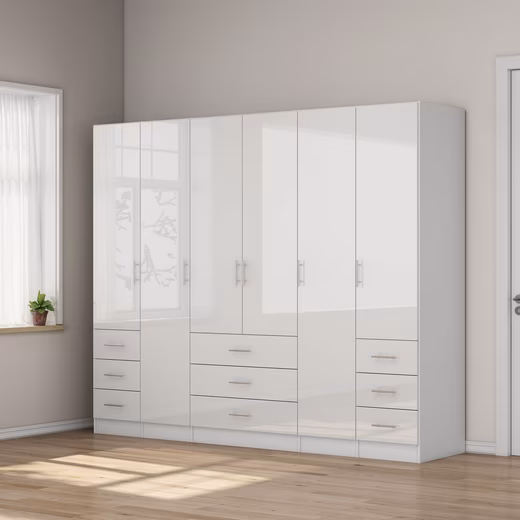 Trento wardrobe, bedroom wardrobe, high-gloss, bestseller Cabinet with 6 doors and 9 drawers, high-gloss fronts