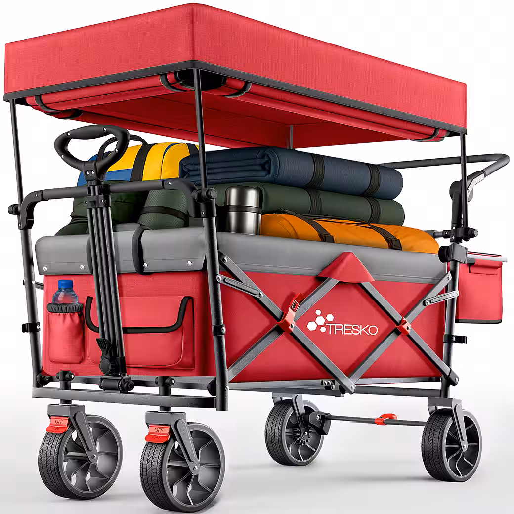 TRESKO Folding Wagon Handcart (Parking brakes (front & rear) and 3-point seat belt, max. load capacity up to 150kg, transport trolley with solid rubber tires), foldable with roof, cooling compartment & side blinds, handcart - Image 11