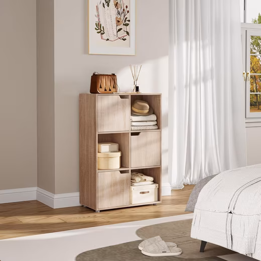 Bookshelf 1-piece, freestanding shelf unit with 3 doors, MDF, 6 compartments, anti-tip devic - Image 7