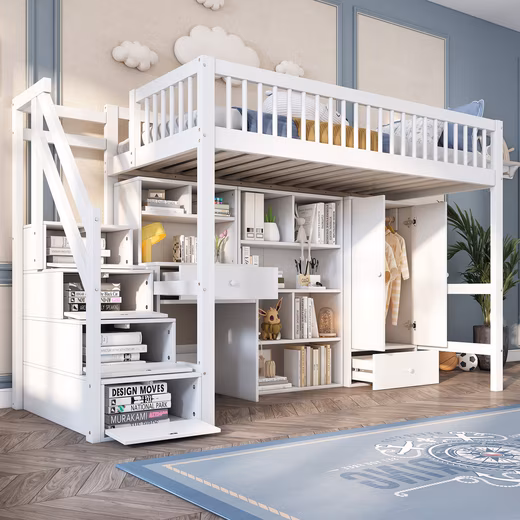 Bunk bed Children's bunk bed with desk, wardrobe, storage stairs 90x200cm