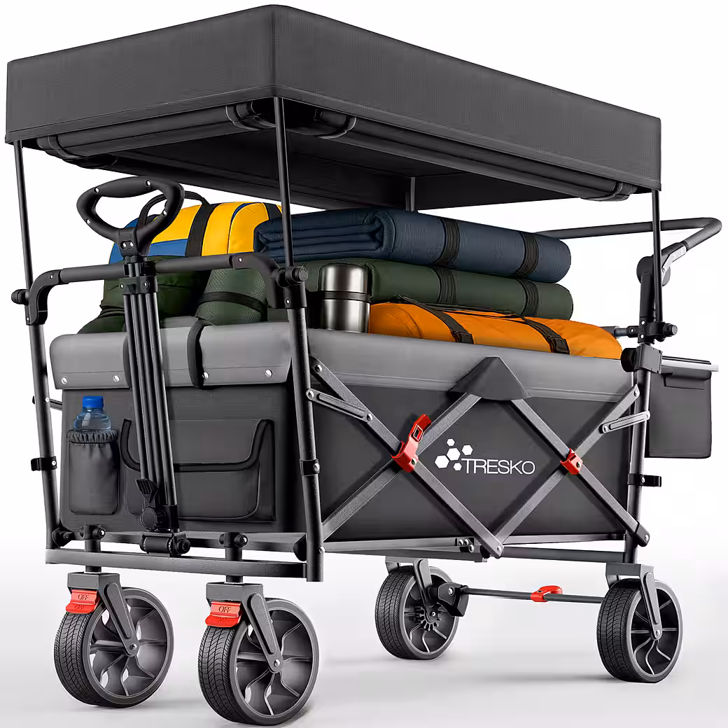 TRESKO Folding Wagon Handcart (Parking brakes (front & rear) and 3-point seat belt, max. load capacity up to 150kg, transport trolley with solid rubber tires), foldable with roof, cooling compartment & side blinds, handcart - Image 12