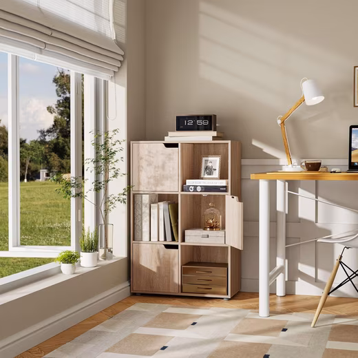 Bookshelf 1-piece, freestanding shelf unit with 3 doors, MDF, 6 compartments, anti-tip devic - Image 8