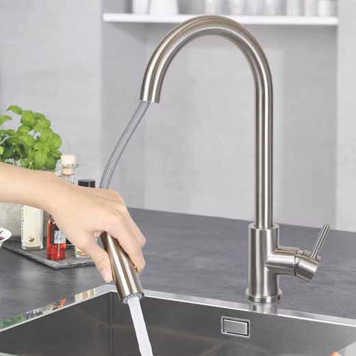 Kitchen faucet, black/nickel, stainless steel spray head, 360° swivel, pull-out, 2 spray patterns (1 pc) Bathroom mixer tap sink