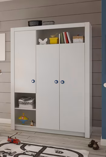 Paula wardrobe with revolving doors, children's room wardrobe 3-door white wardrobe with open compartments