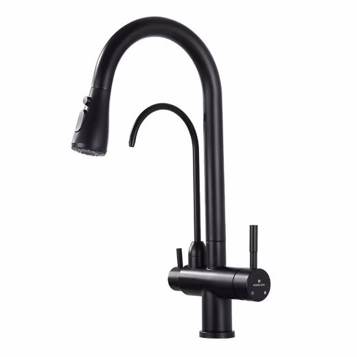 Kitchen faucet, 3-way tap, kitchen drinking water tap with pull-out spray head 360° Swivel 3-in-1 Kitchen Faucet Black 2 Handles
