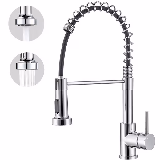 Kitchen faucet with pull-out spray head, swiveling, for kitchen & bathroom Kitchen faucet with stainless steel spiral spring for hot and cold water