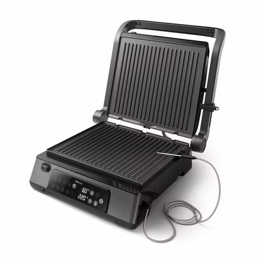 Contact grill 7000 Series HD6307/70 with digital temperature setting 8 preset functions, and adjustable, removable plates