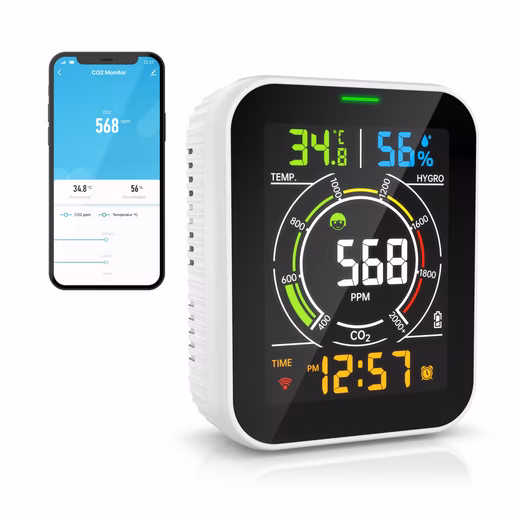 Indoor air quality sensor CO2 meter, air quality tester with Wi-Fi, app, carbon dioxide sensor (1 pc), room air ventilation recommendation, temperature/humidity, wake-up functio