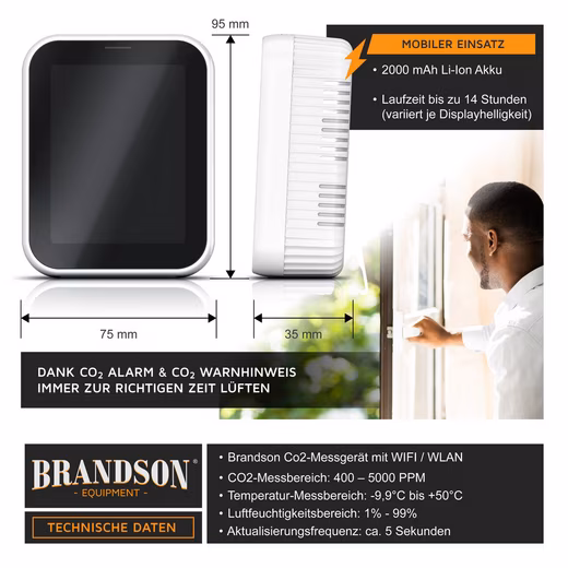 Indoor air quality sensor CO2 meter, air quality tester with Wi-Fi, app, carbon dioxide sensor (1 pc), room air ventilation recommendation, temperature/humidity, wake-up function - Image 3