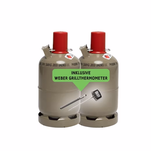 Camping gas 2x 5 kg propane gas cylinders, unfilled 2 x 5 kg propane gas cylinders with Weber grill thermometer, owned cylinders