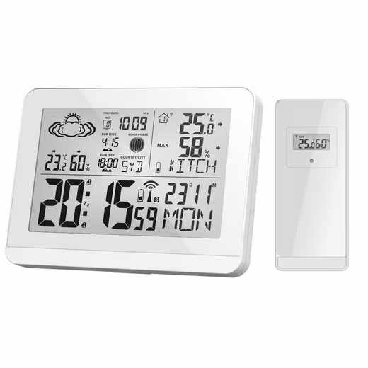 Wireless weather station, modern design Modern design wireless weather station (outdoor sensor, with nameable outdoor sensor, moon phase, sunrise, 2 alarms, hygrometer)