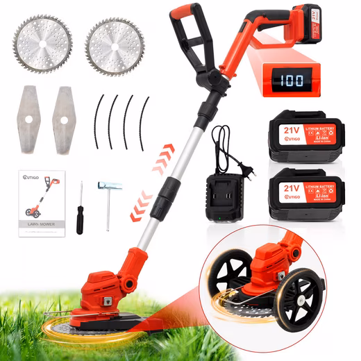 Cordless lawnmower, rechargeable battery-powered lawn trimmer with 2 x 4000mAh batteries, wheels