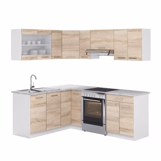 Rick corner kitchen, white/Sonoma, 207 x 167 cm, marble worktop