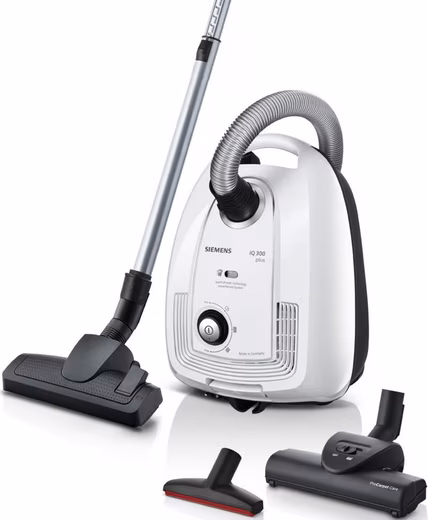 iQ300 plus VSP3T212 vacuum cleaner, Made in Germany, hygiene filter, compact For hard floors/carpets, turbo nozzle, XXL upholstery nozzle, long cable, white