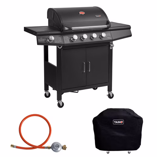 RED 4 +1 Gas Grill Gas grill including cover and gas pressure regulator with hose, stand grill, stainless steel burner, gas bottle holder