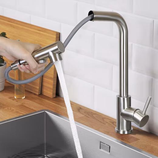 Pull-out kitchen faucet with spray head, mixer tap with 2 spray patterns Set of 7 pieces: 1. Washbasin tap 2. Gravity ball 3. Hose (60cm)