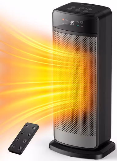 2000W ceramic fan heater with 6 function buttons, 24-hour timer, 70° oscillation ECO mode, overheat protection, fall protection, brightness dimming, household