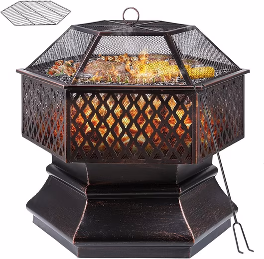 Fire bowl with grill grate and spark screen