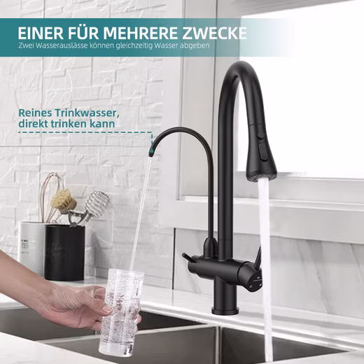 Kitchen faucet, 3-way tap, kitchen drinking water tap with pull-out spray head 360° Swivel 3-in-1 Kitchen Faucet Black 2 Handles - Image 2