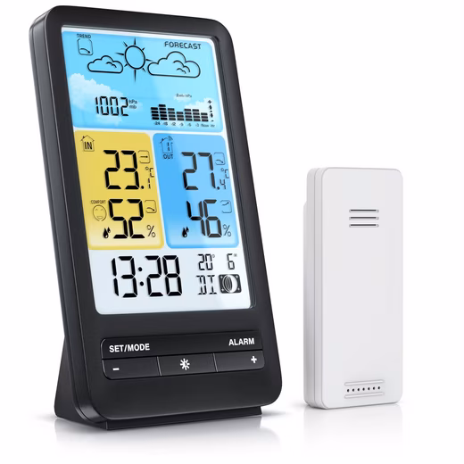 Weather station with external sensor, wireless, forecast, temperature trend, air pressure, temperature warning, etc.