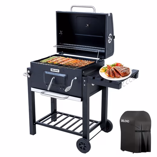 Charcoal grill with waterproof grill covers, grilling surface: 56×42.5 cm Height-adjustable coal tray, foldable side table, thermometer