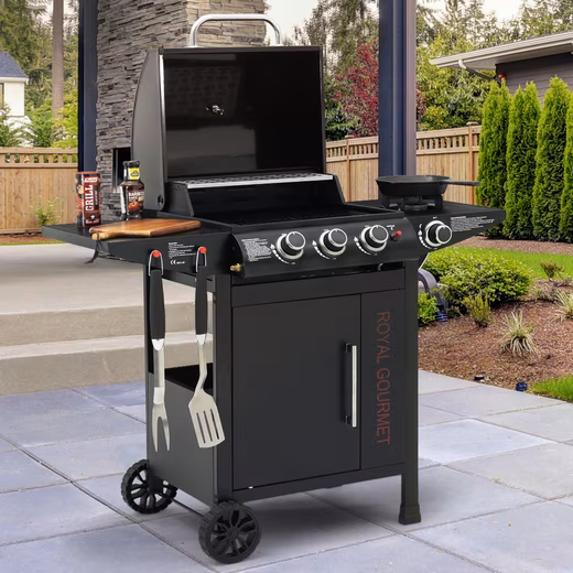 Gas grill with 3+1 burners, 11.5 kW output, trolley design with thermometer Tray, 2 wheels & door, ideal for garden