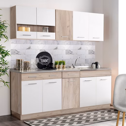 Kitchen unit 200 cm without appliances, single kitchen, kitchen cabinets, white matt, oak brown